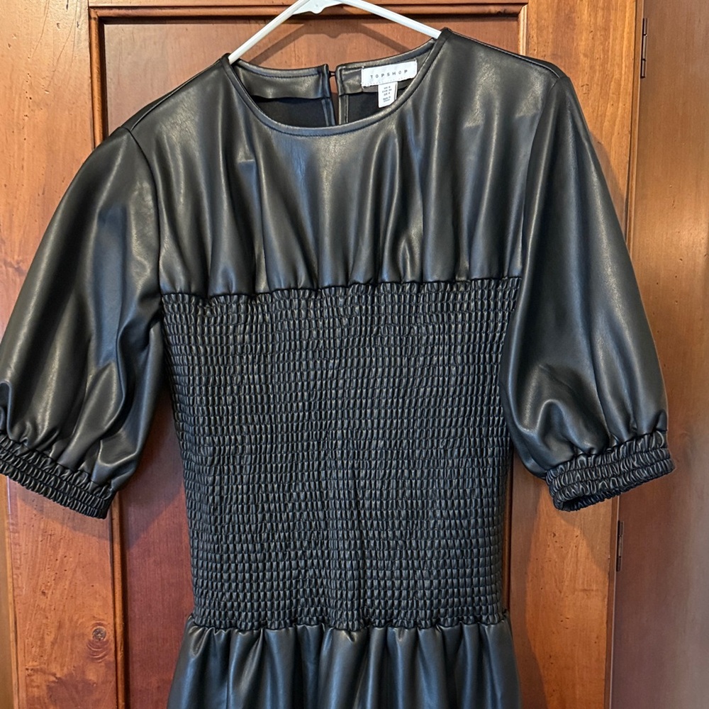 Smocked Faux leather drop waist dress-